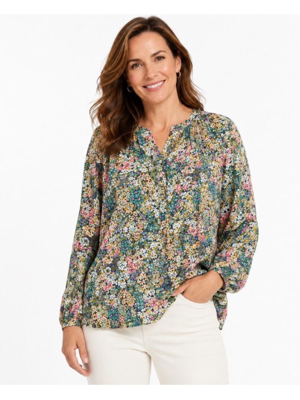 J. Jill Multicolor Blouse 3/4 Sleeve Colorful Size Medium Flowy Rayon Floral